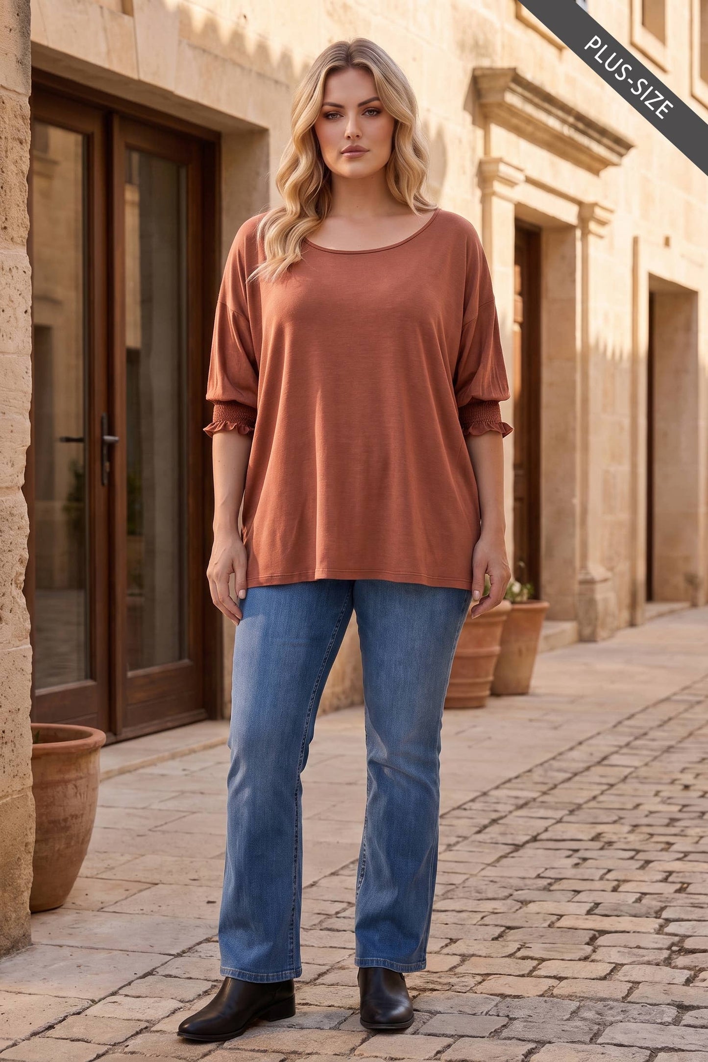 PLUS SIZE Oversized Smocked 3/4 Sleeve Poncho Blouse