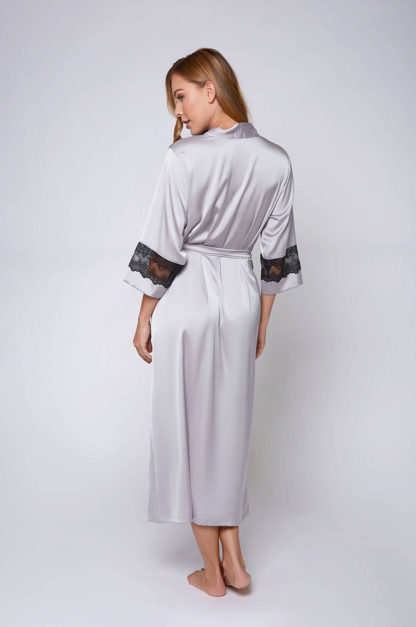 Tess Satin Long Robe with Sparkle Lace