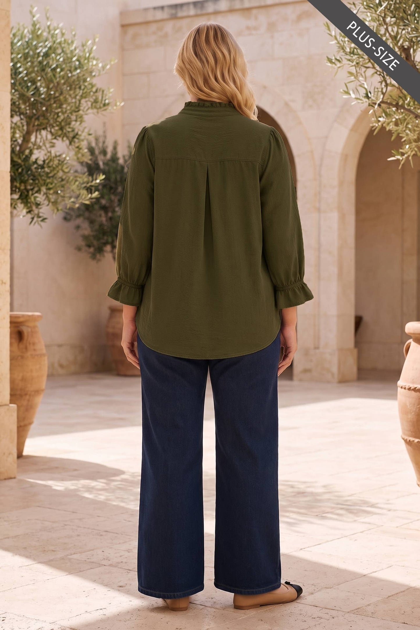 PLUS SIZE Ruffle 3/4 Sleeve Button Down Front Blouse