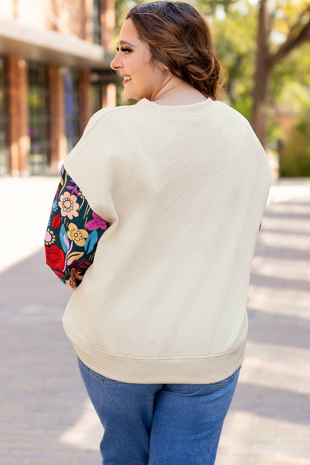 Floral Patchwork Sleeve Pullover Top Plus Size