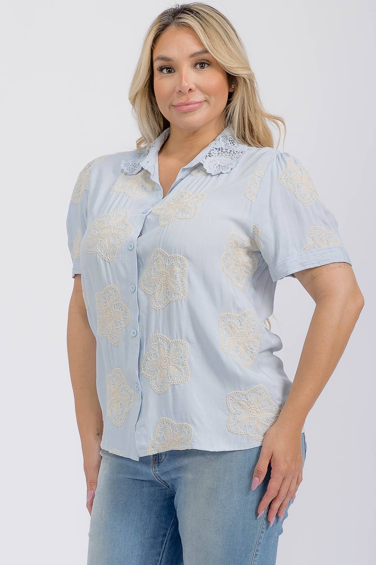Plus Embroidered Button Down Blouse