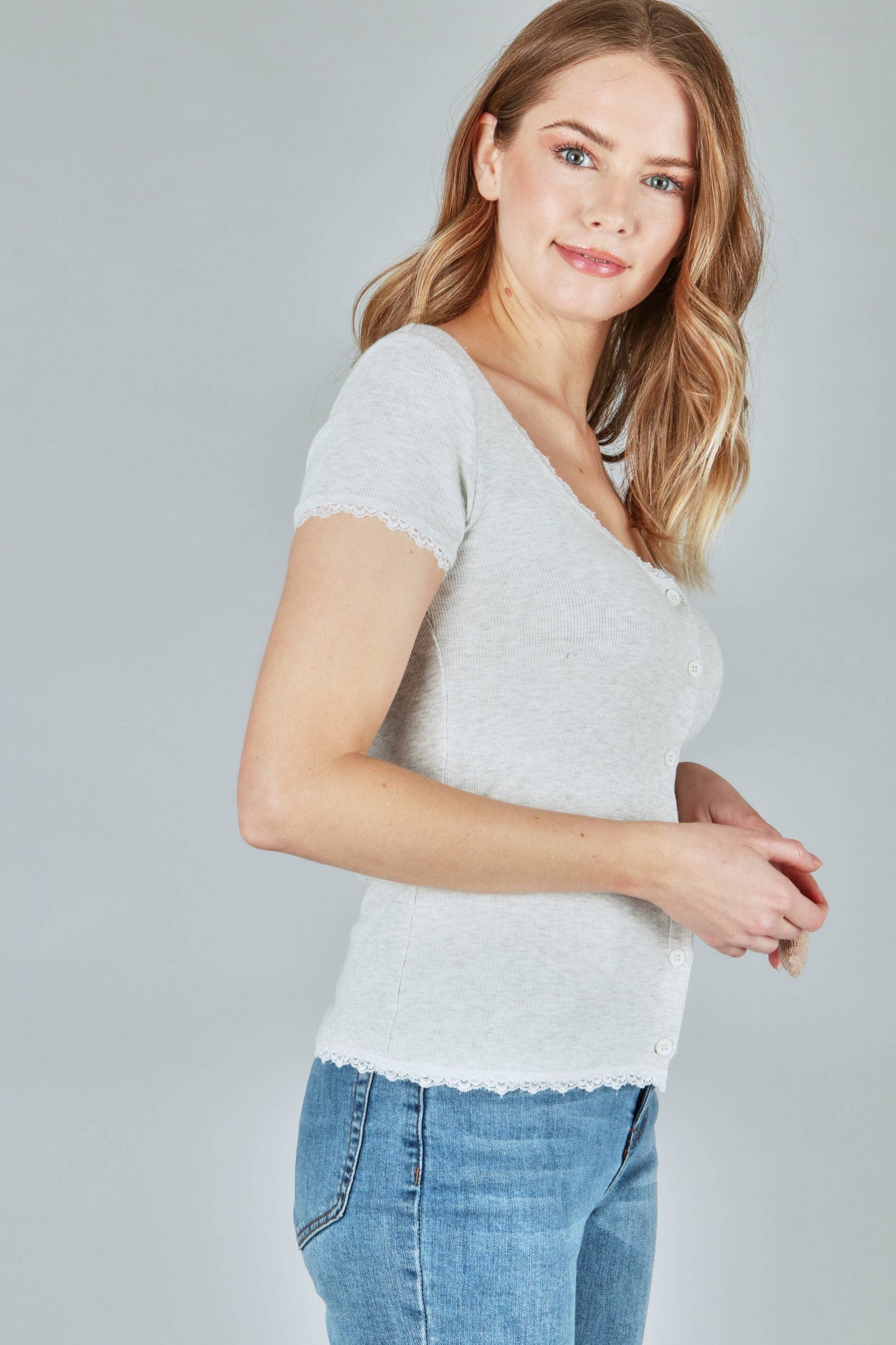 Solid rib button top with dtm edge lace- plus (P17893-PLUS)