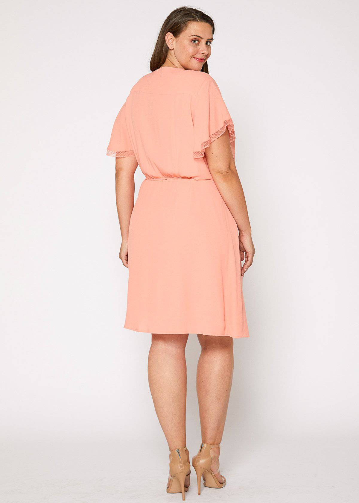 Nurode's Plus Size Lace Trim Wrap Dress in Coral