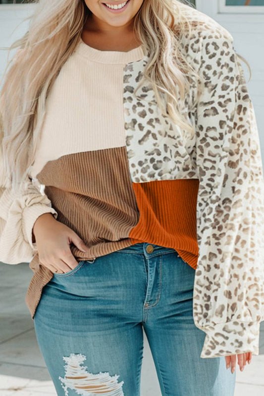 Colorblock Leopard Splicing Top Plus Size