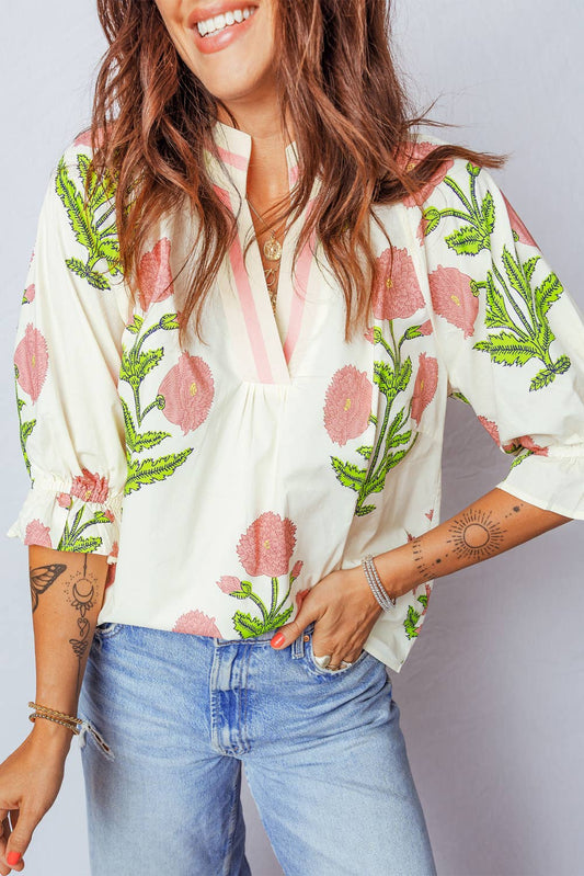Plus Size Wild Flower Print V Neck 3/4 Sleeve Blouse (S-4X)
