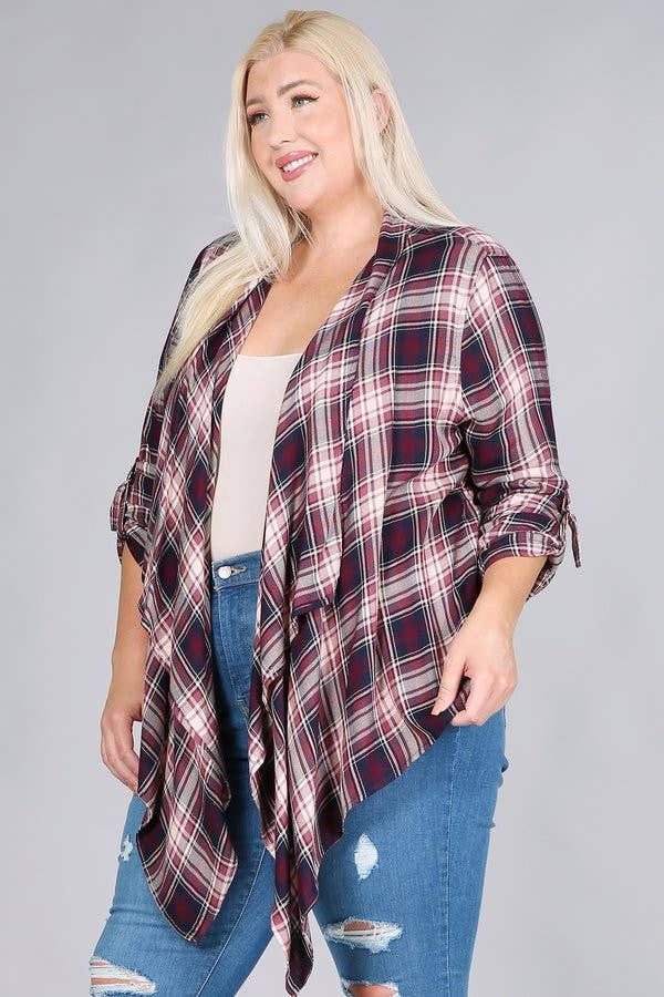 Plus Size Rayon Plaid Waterfall Cardigan