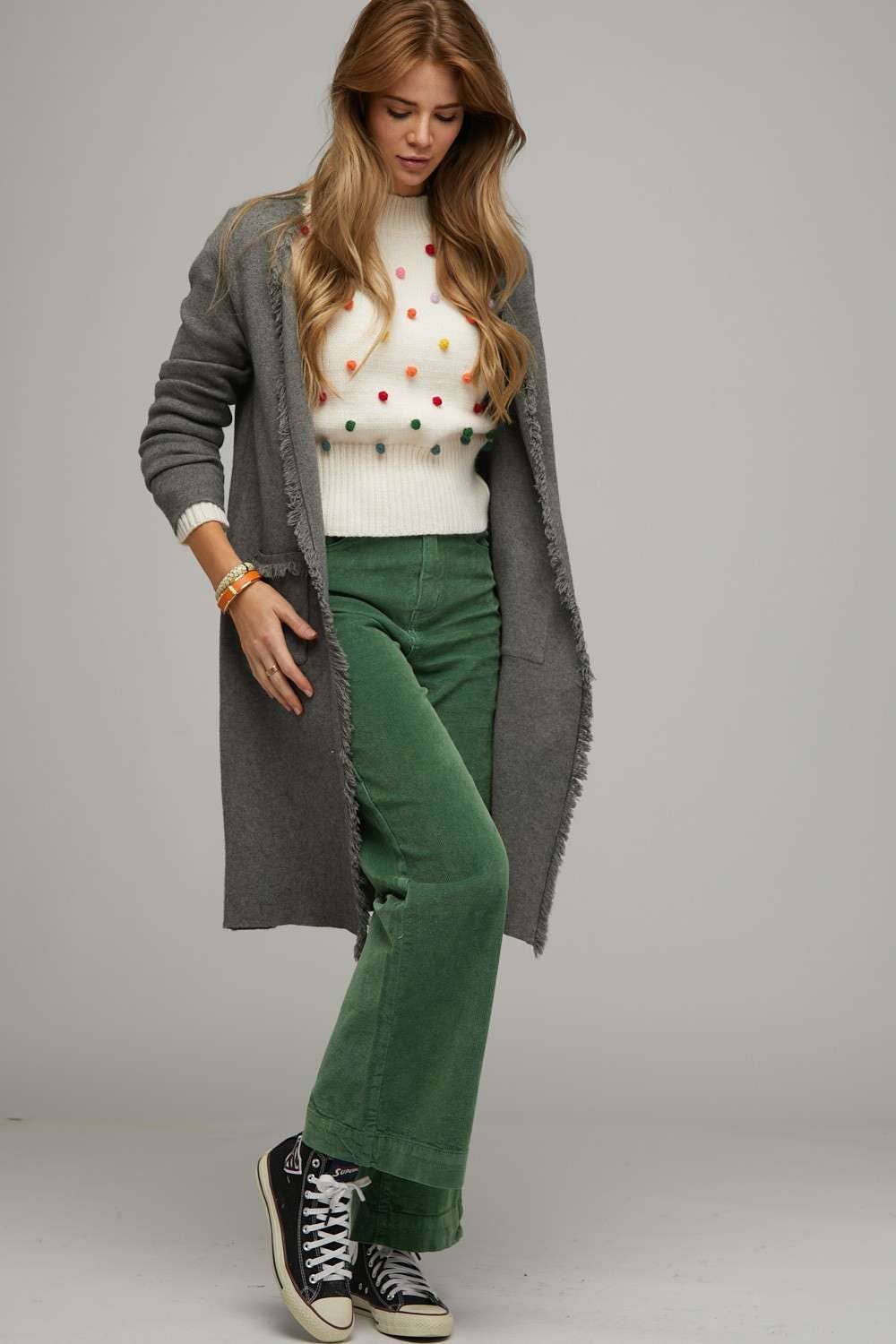 PLUS SOLID LONG SLEEVE FRINGE POCKETS CARDIGAN