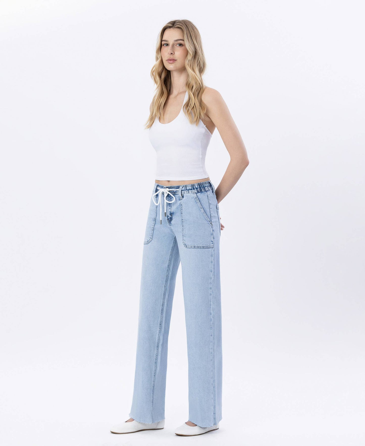 HIGH RISE DRAWSTRING WAISTBAND WIDE LEG JEANS LV1902