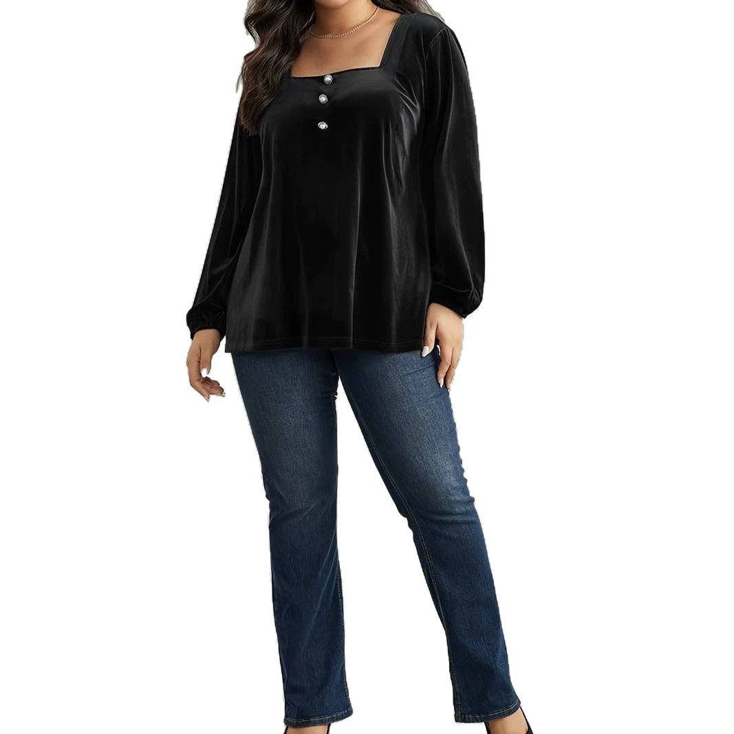 Velvet Top Square Neck Lantern Sleeves Slim Fit