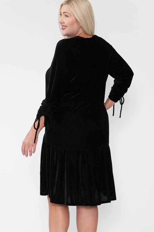 Plus Size Round Neck Sleeve Tied Velvet Knee Midi Dress