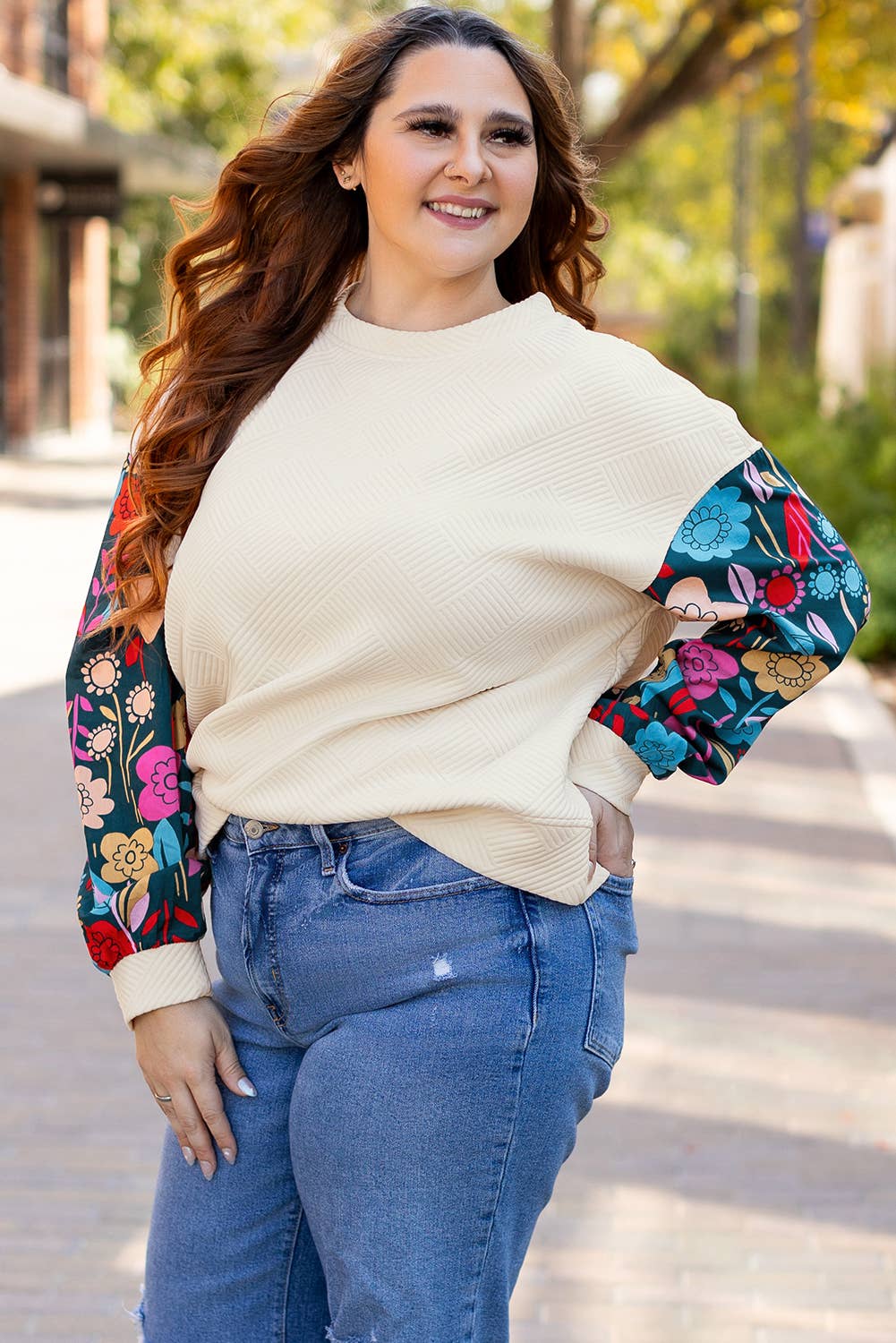 Floral Patchwork Sleeve Pullover Top Plus Size