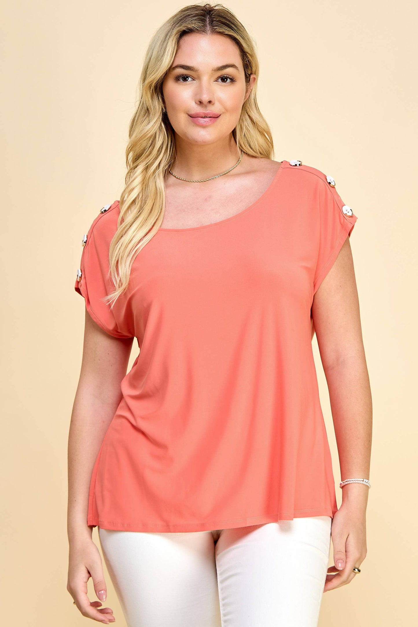 PLUS SIZE SHORSLEEVE TOP WITH BUTTONS SHOULDERS