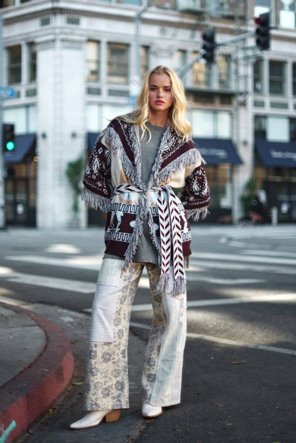 Plus - Fringe Trim Jacquard Belted Cardigan