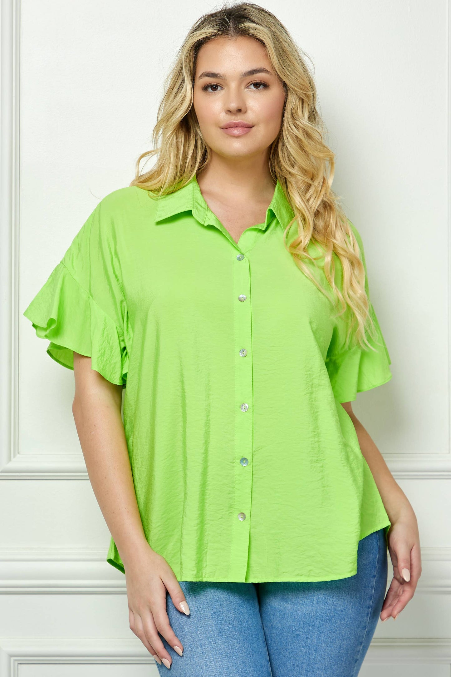 PLUS SIZE SOFTLY FEMININE RUFFLE SLEEVE BLOUSE