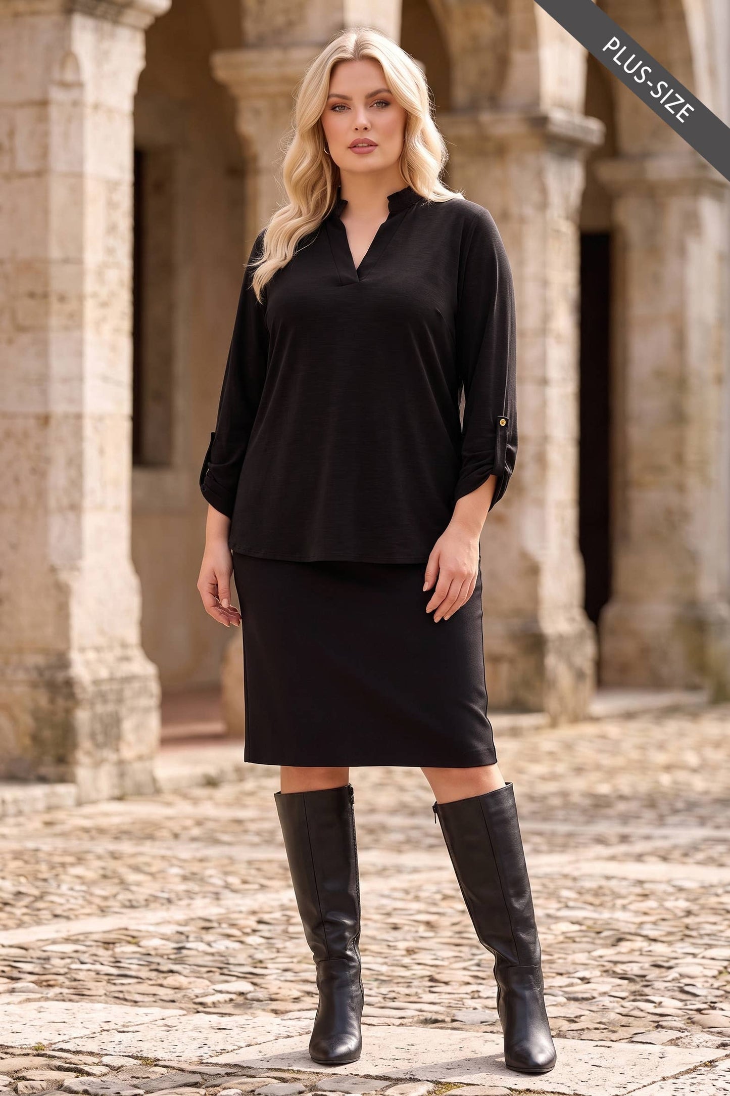 PLUS SIZE Ruffled Collar Lizzy 3/4 Sleeve Lightweight Blouse