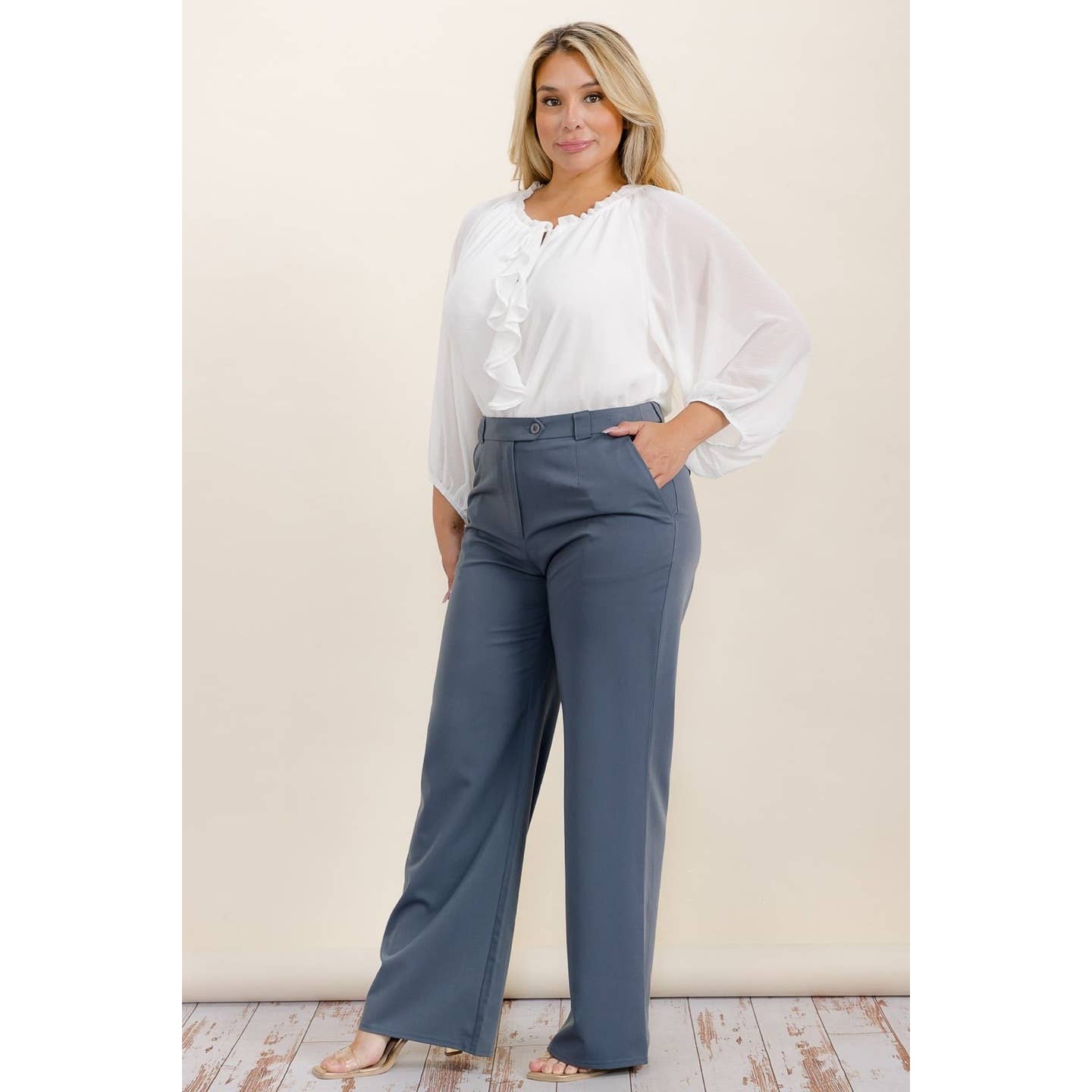 PLUS SIZE BUTTON TAB STRAIGHT LEG TROUSER PANTS