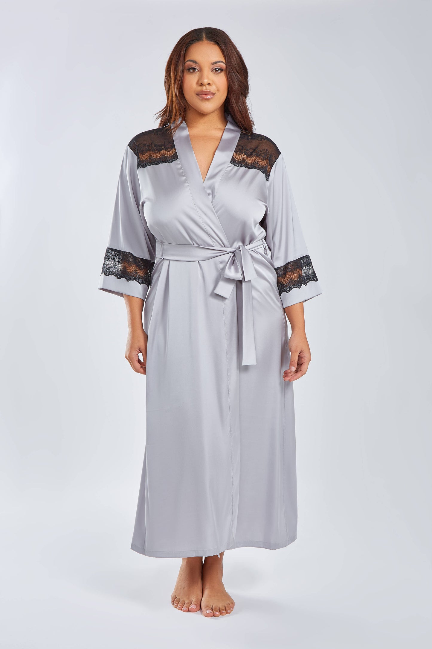 Tess Satin Long Robe with Sparkle Lace