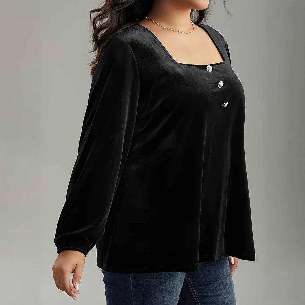 Velvet Top Square Neck Lantern Sleeves Slim Fit