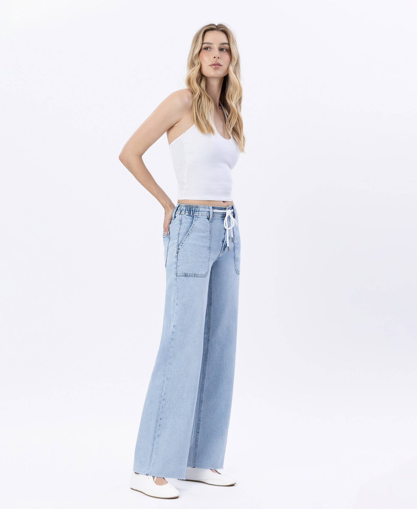 HIGH RISE DRAWSTRING WAISTBAND WIDE LEG JEANS LV1902