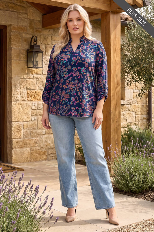 PLUS SIZE Ruffled Collar Lizzy 3/4 Sleeve Lightweight Blouse