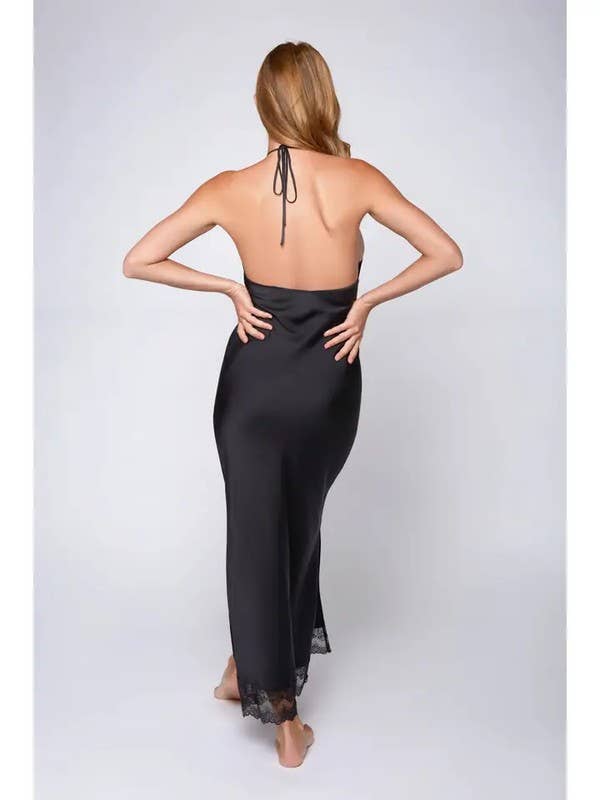 Tess Plus Size Long Stretch Satin Gown with Lace