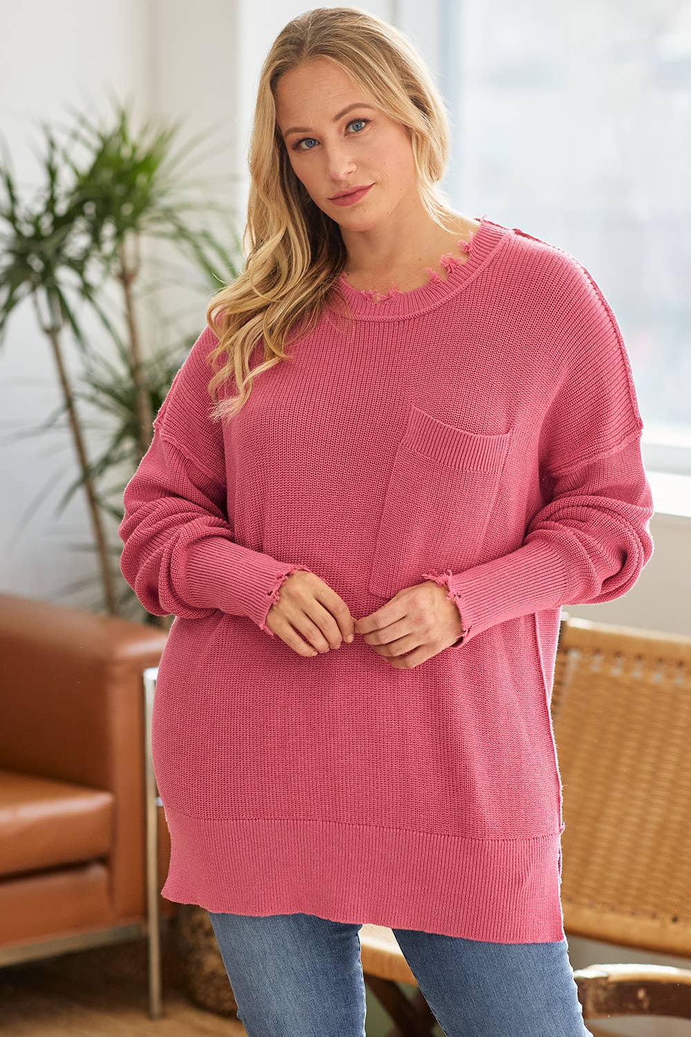 Plus Pullover Crew Neck Distressed Tunic Sweater-PSW4888