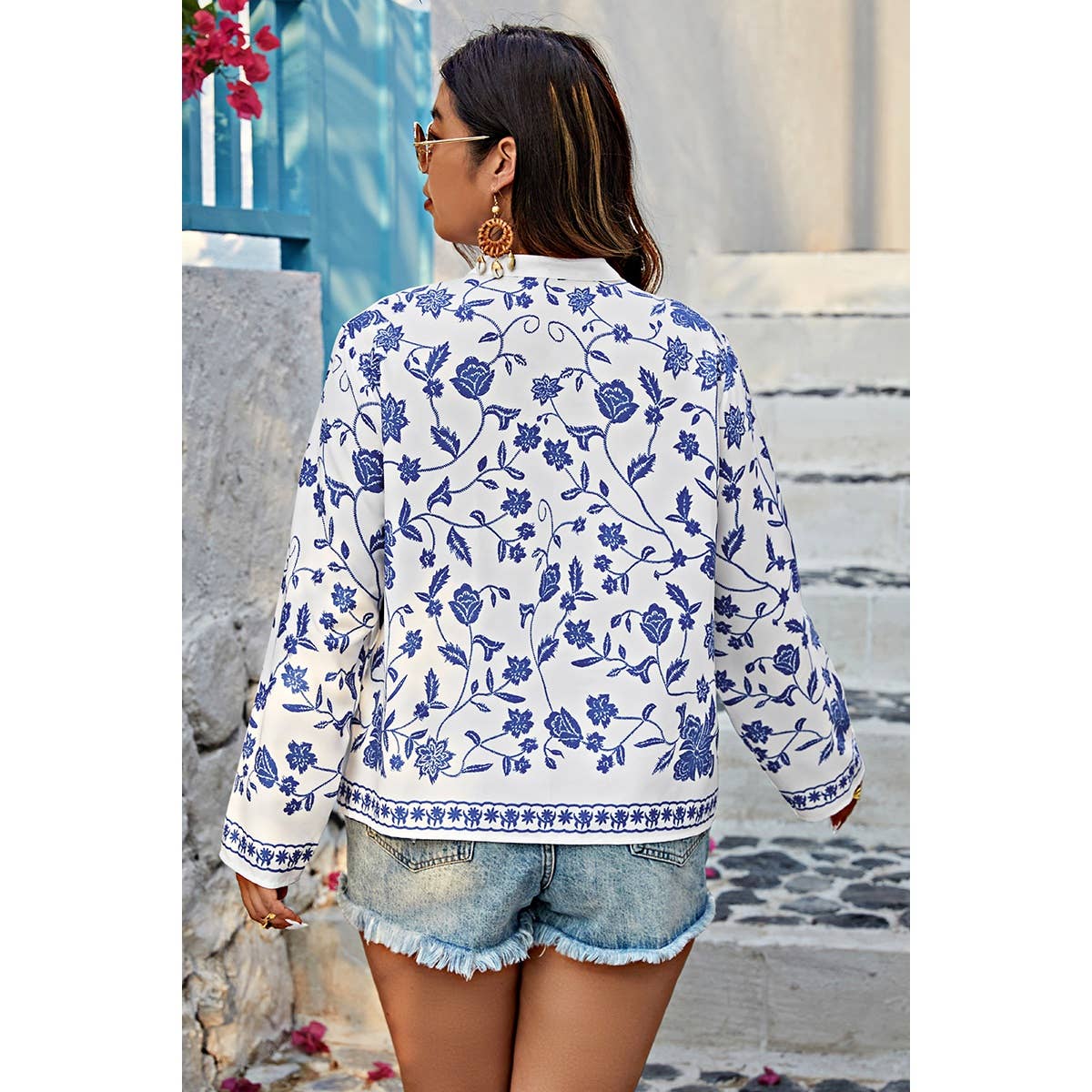 Plus Size V Neck Button Floral Print Loose Blouse