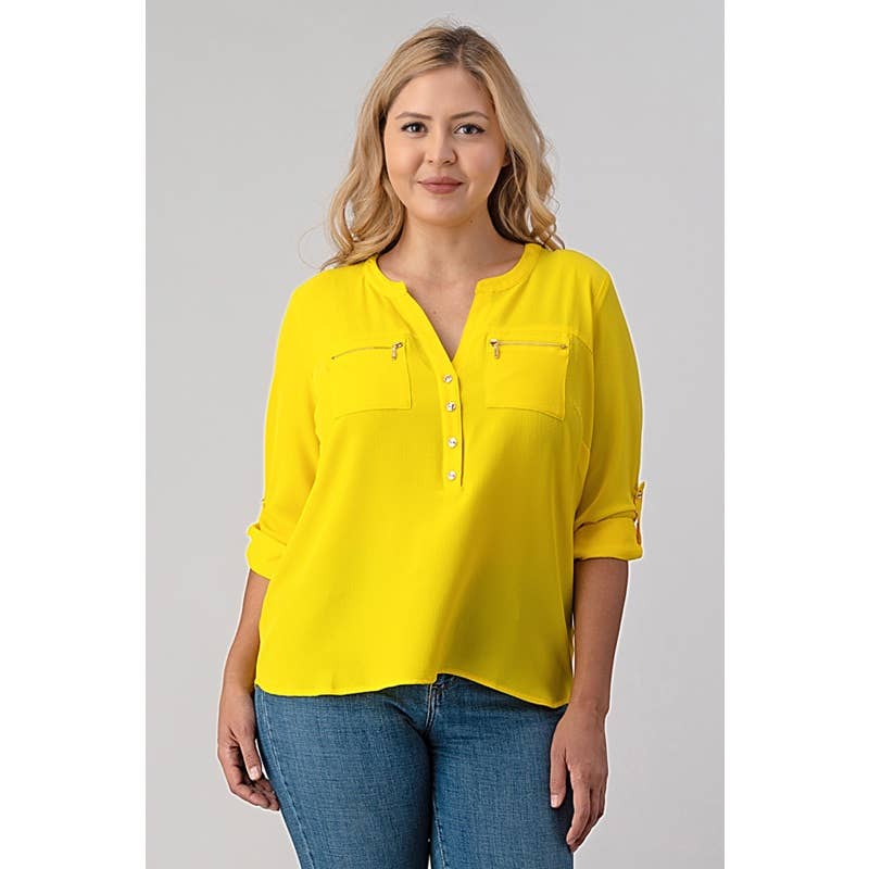 PLUS SIZE ZIPPER TRIM ROLL UP SLEEVE HENLEY TOP