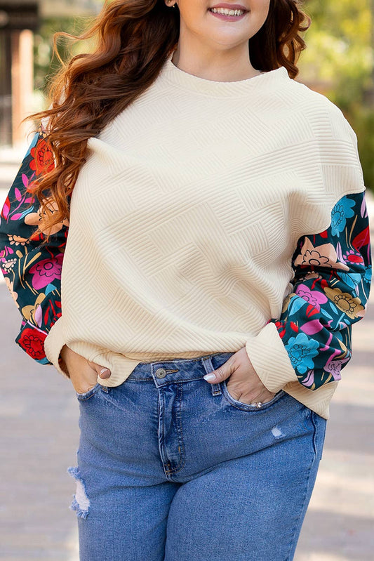 Floral Patchwork Sleeve Pullover Top Plus Size