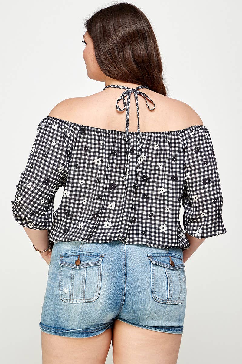 Plus Size Checker Off Shoulder Halter Top - WG17823-4T