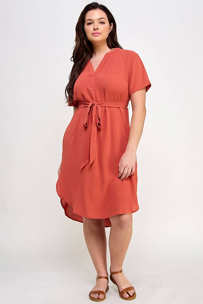 Plus Size Midi V-Neck Waist Tie Dress SS2352P-D
