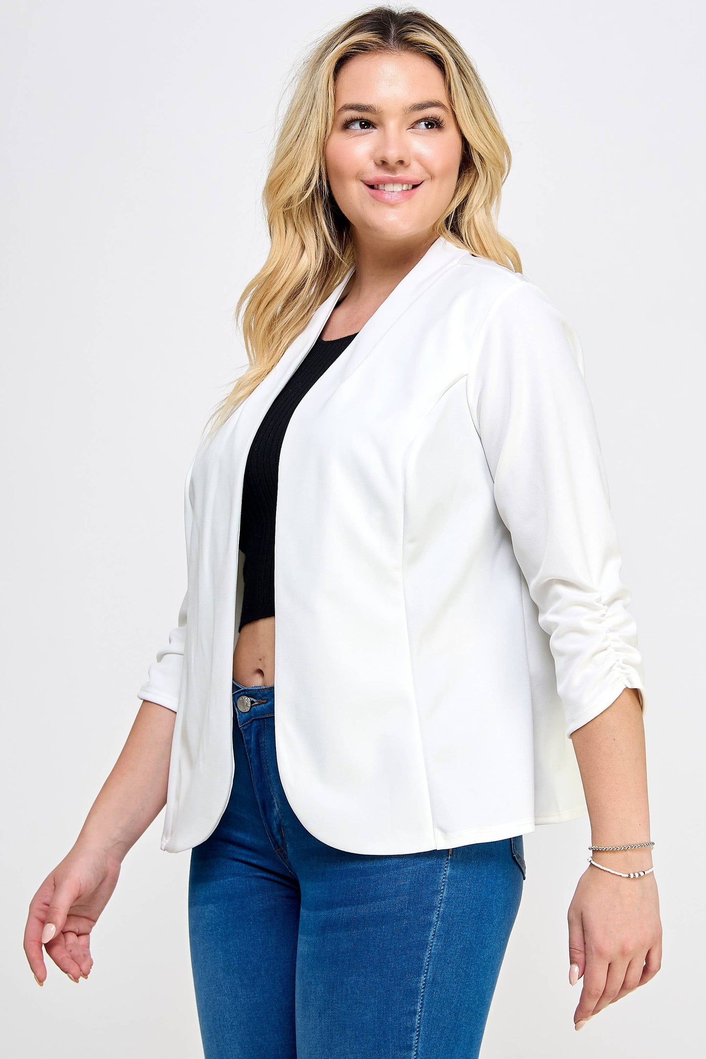 Plus Size Ruched 3/4 Sleeve Blazer - WG18353-J