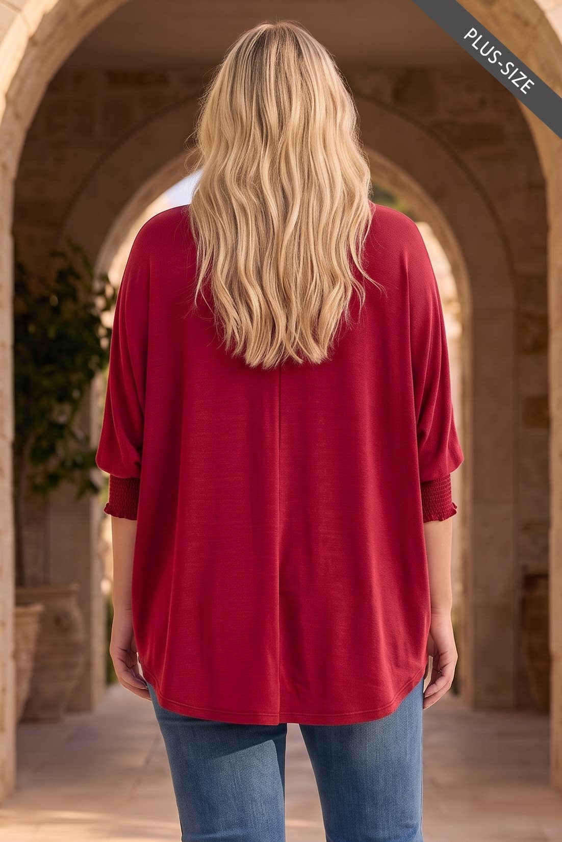 PLUS SIZE Oversized Smocked 3/4 Sleeve Poncho Blouse