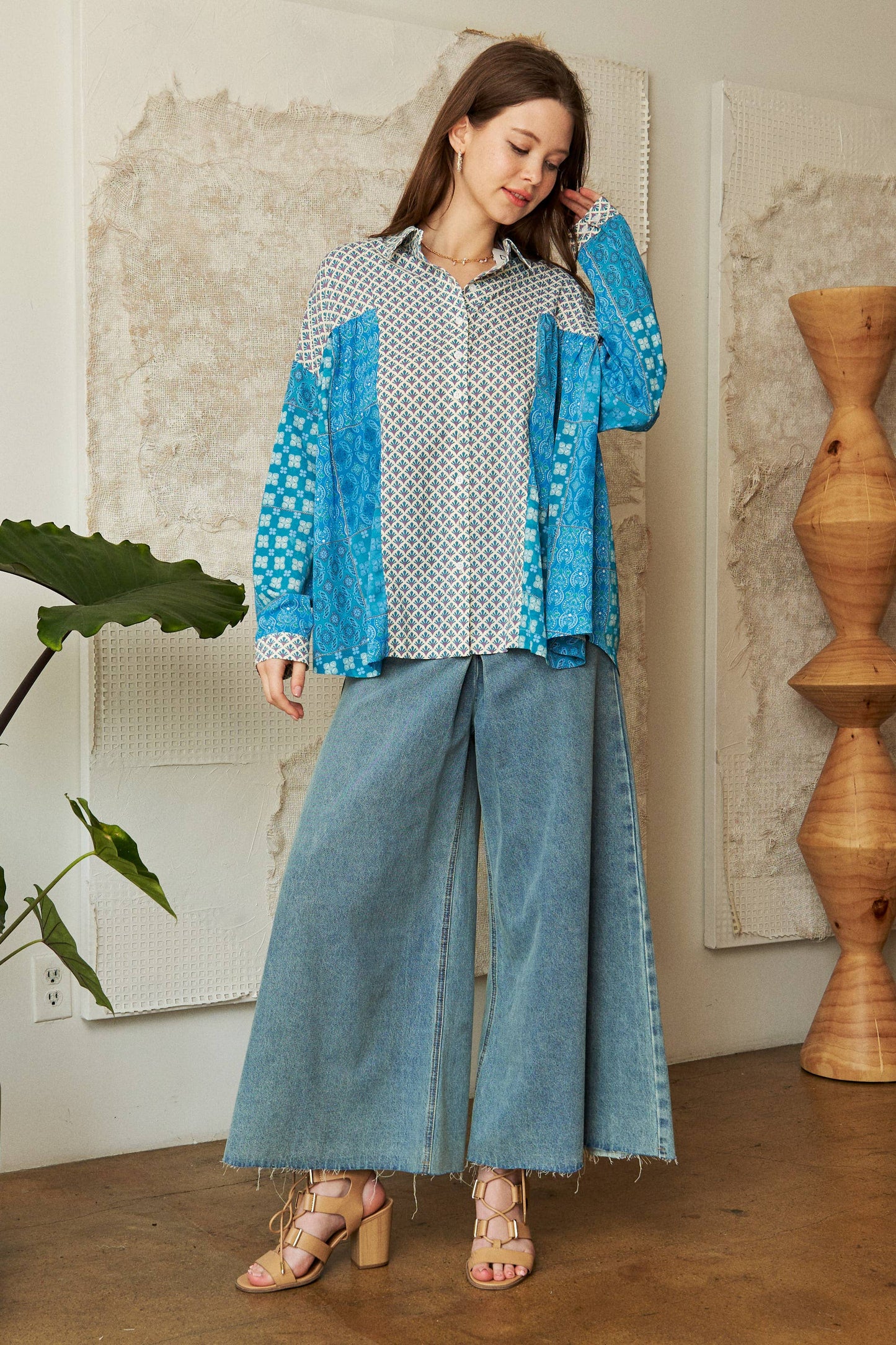 PLUS GEO MIXED BUTTON FRONT SLOUCHY RELAXED TOP