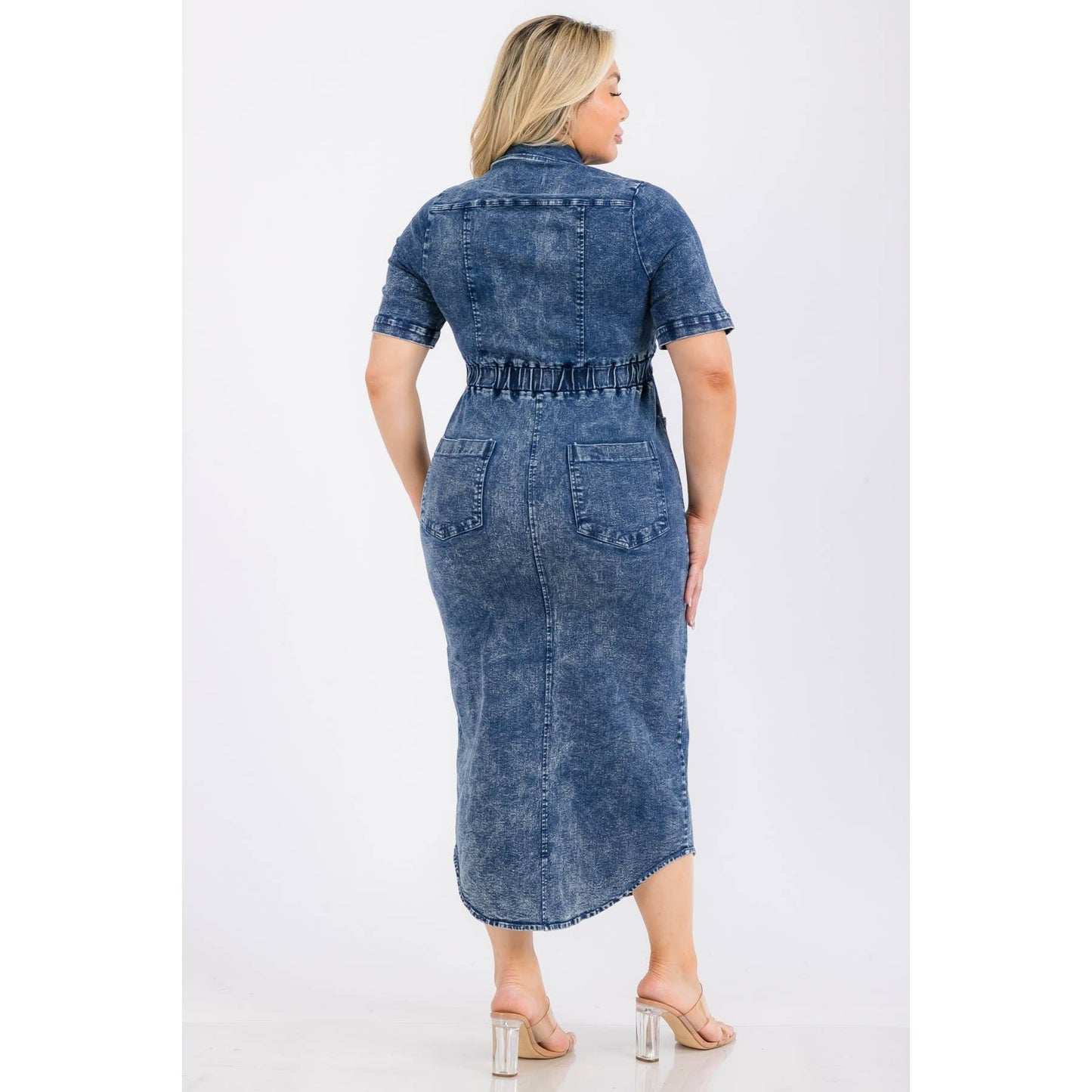 PLUS SIZE DENIM COLLARED BUTTON DOWN ELASTIC WAIST FRONT SLI
