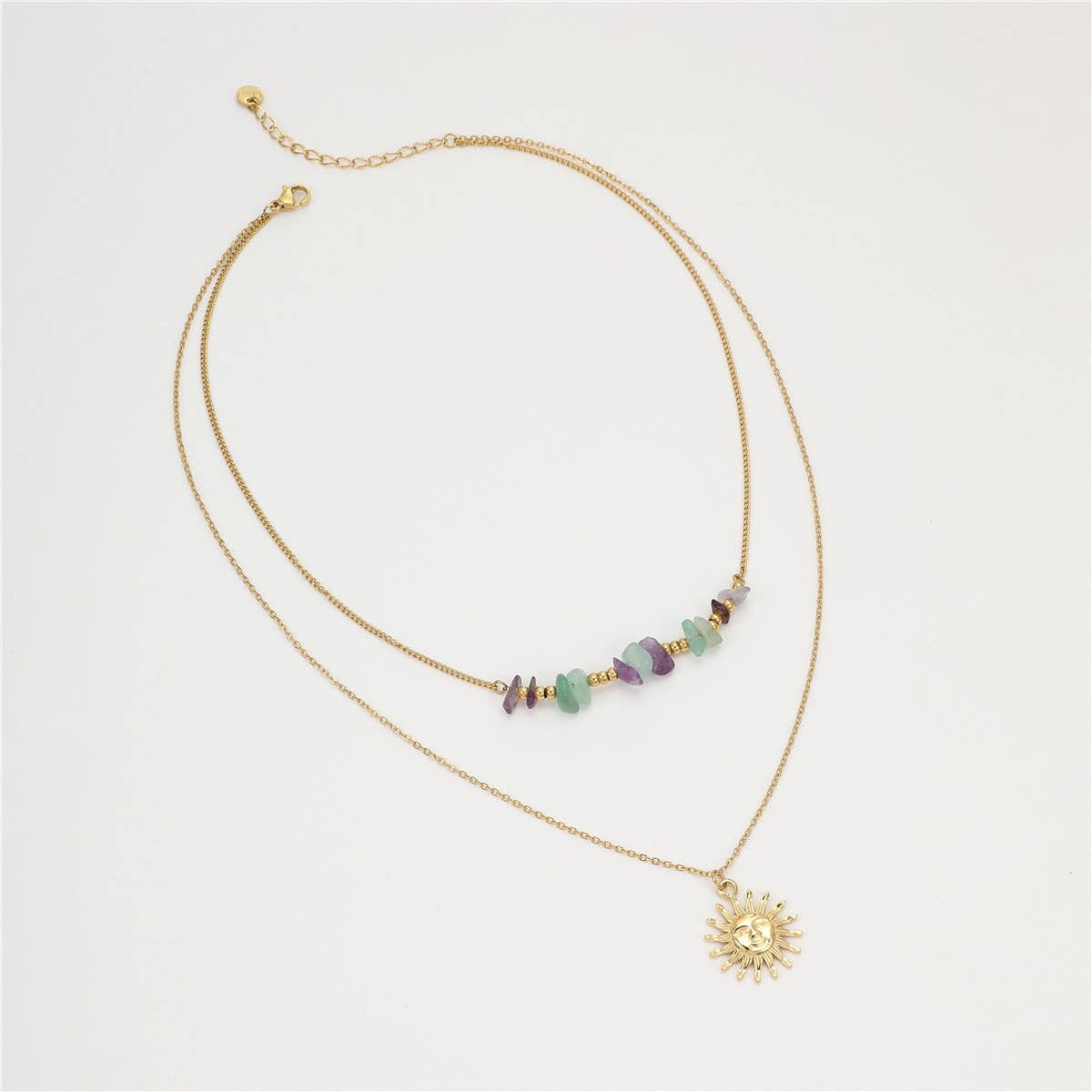 Boho Sun Pendant Natural Stone Beaded Necklace_CWMM12764