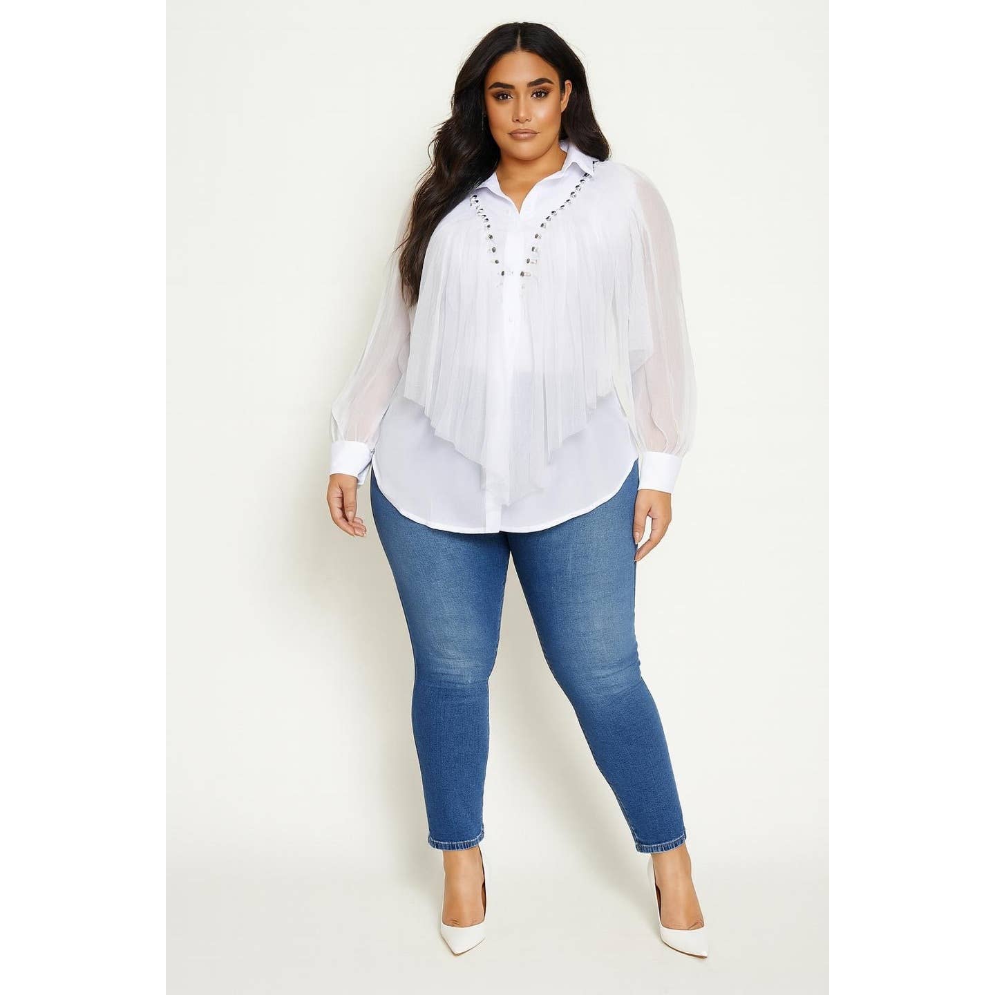 PLUS SIZE COLLARED RHINESTONE DETAIL TULLE LAYER BUTTON DOWN