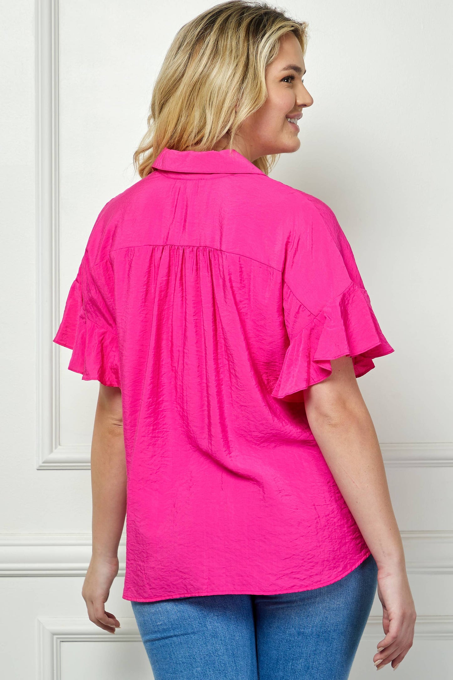 PLUS SIZE SOFTLY FEMININE RUFFLE SLEEVE BLOUSE