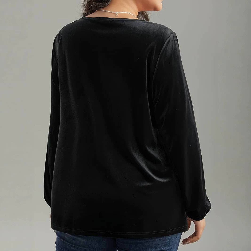Velvet Top Square Neck Lantern Sleeves Slim Fit