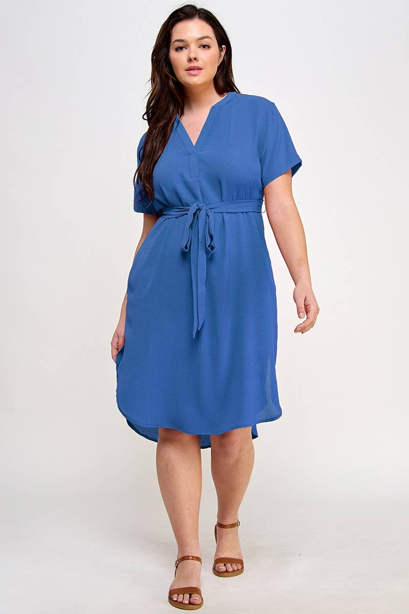 Plus Size Midi V-Neck Waist Tie Dress SS2352P-D