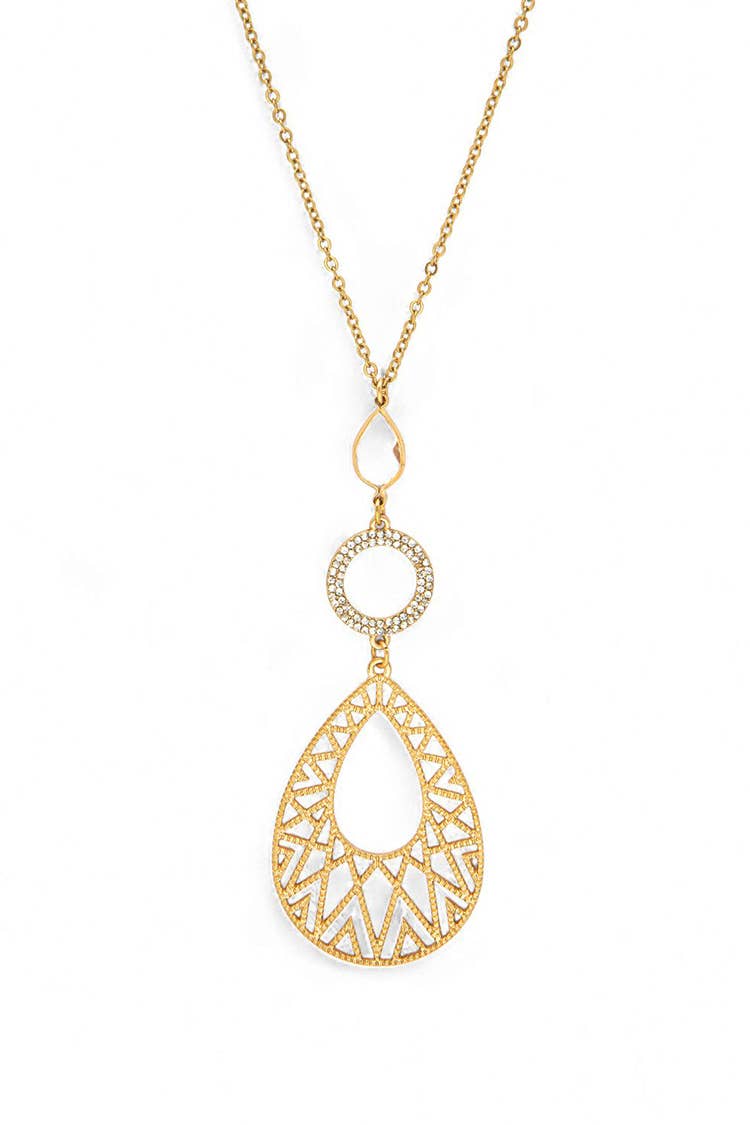 Filigree Teardrop Crystal Accent Pendant Long Necklace