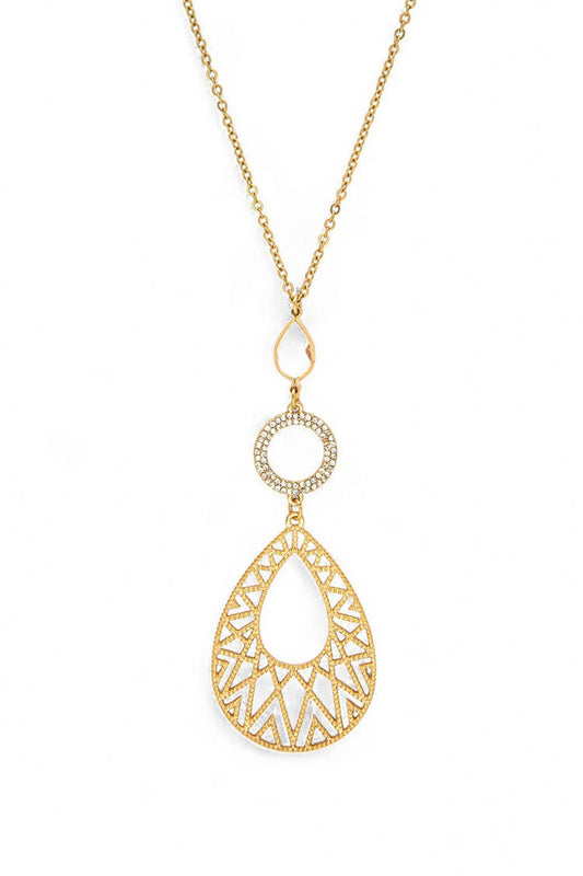Filigree Teardrop Crystal Accent Pendant Long Necklace