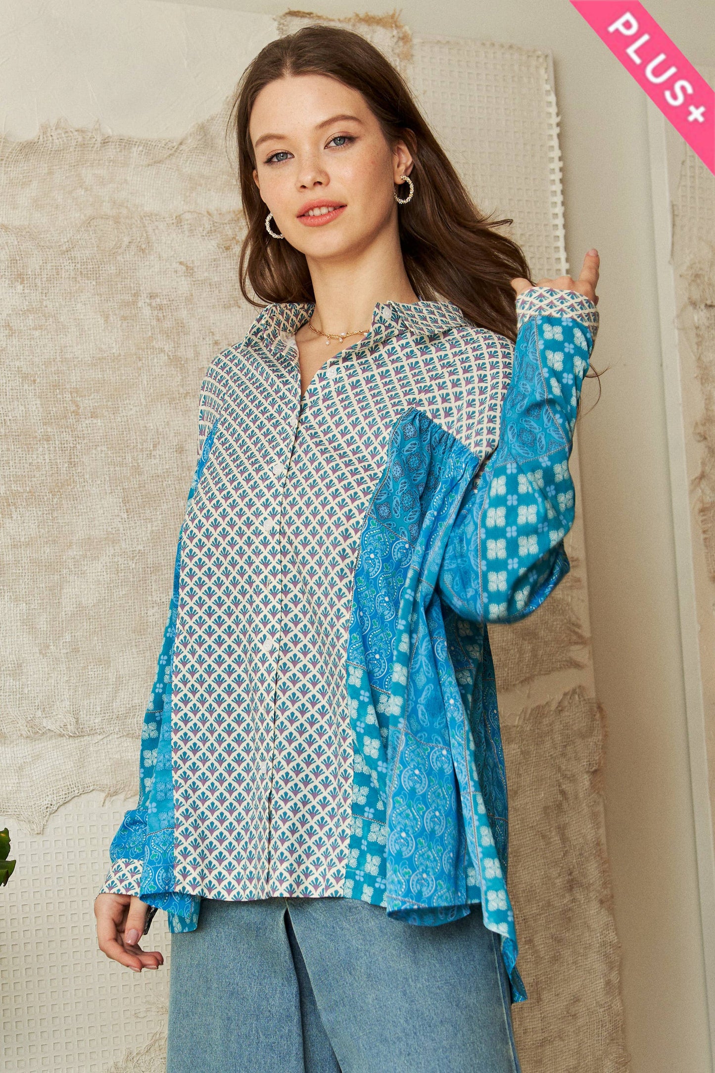 PLUS GEO MIXED BUTTON FRONT SLOUCHY RELAXED TOP