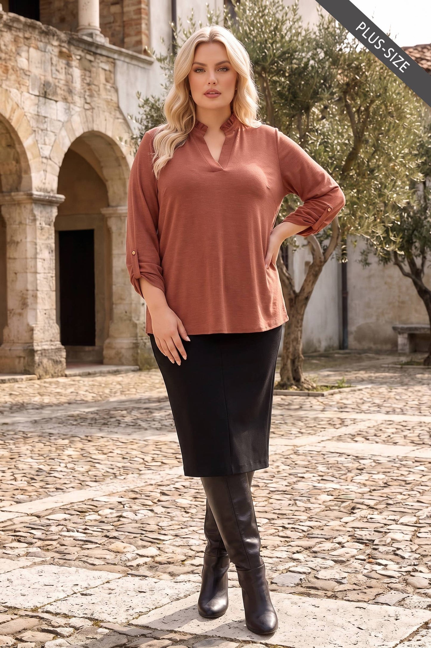 PLUS SIZE Ruffled Collar Lizzy 3/4 Sleeve Lightweight Blouse