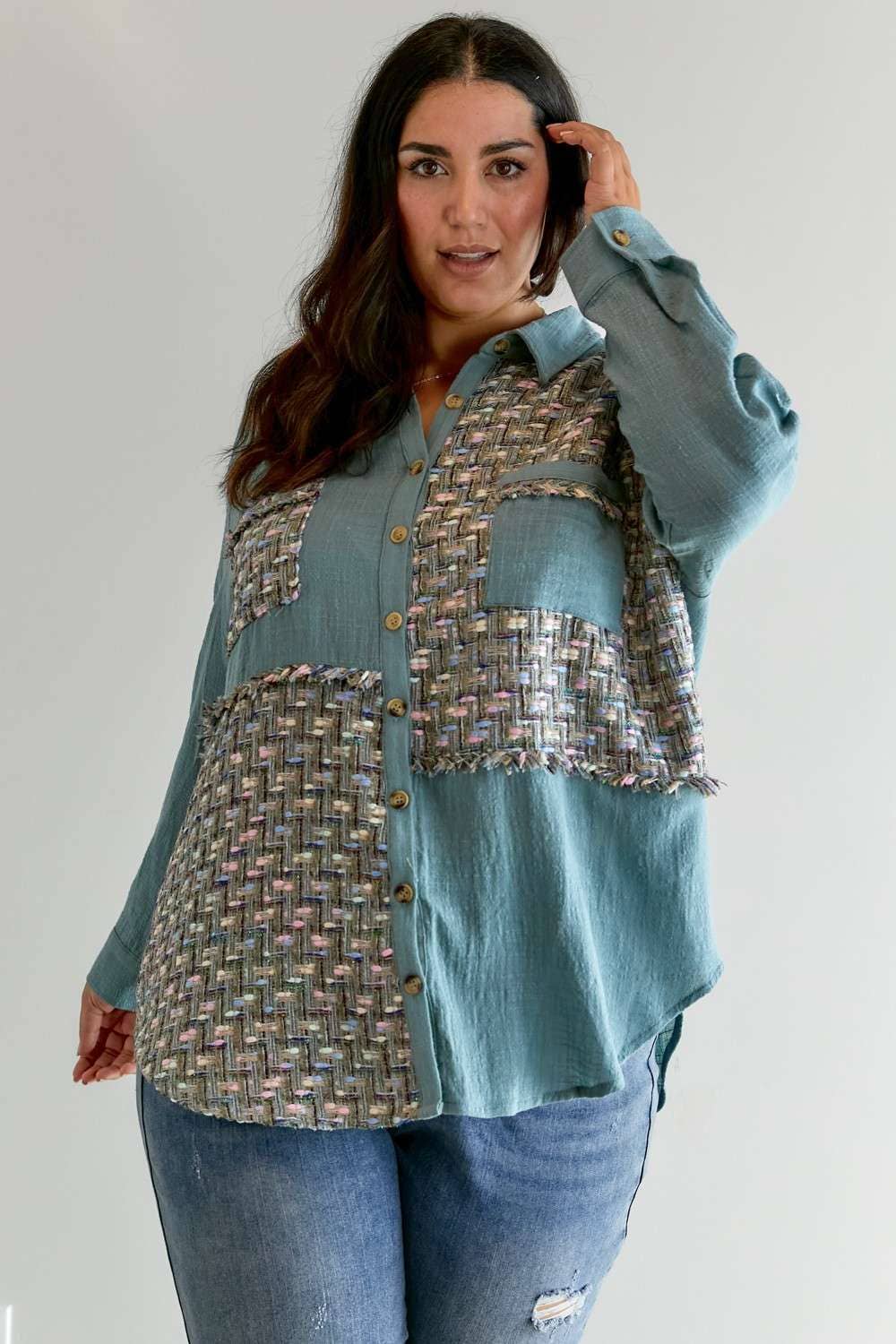 PLUS MULIT PRINTED CHEST POCKET BUTTON DOWN SHIRT