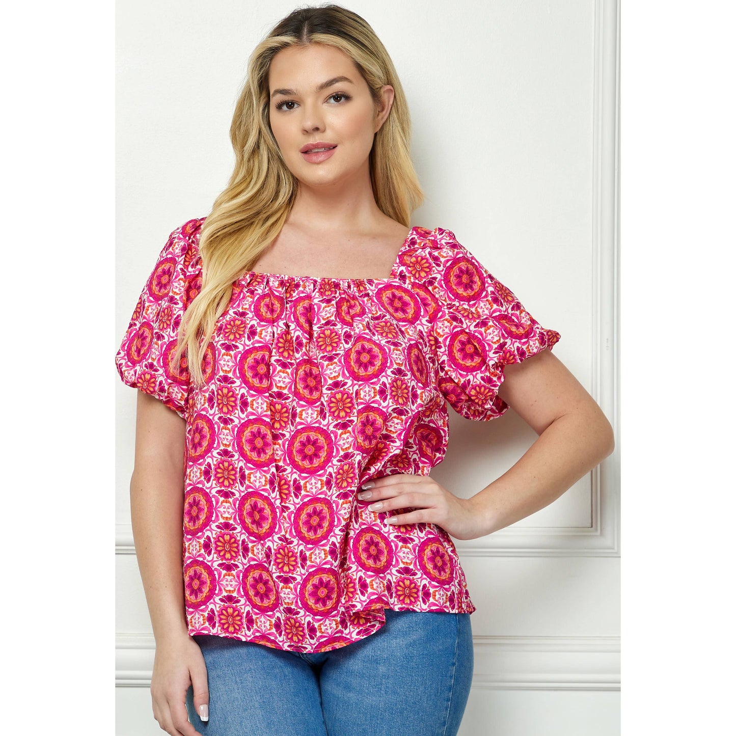 PLUS SIZE SHORT BUBBLE SLEEVE TRAPEZE BLOUSE G230550A49X