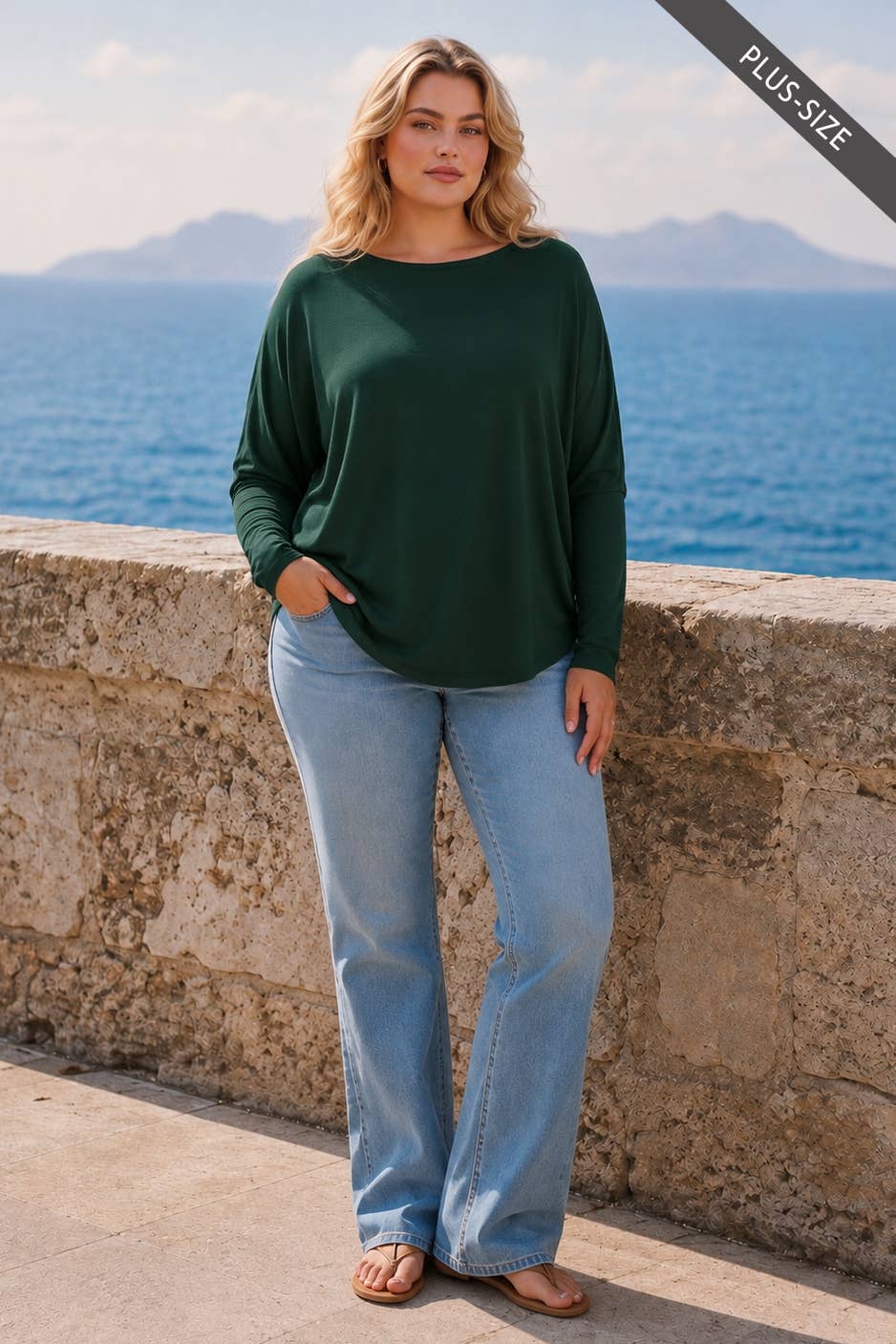 PLUS SIZE Drop Shoulder Round Hem Long Sleeve Top