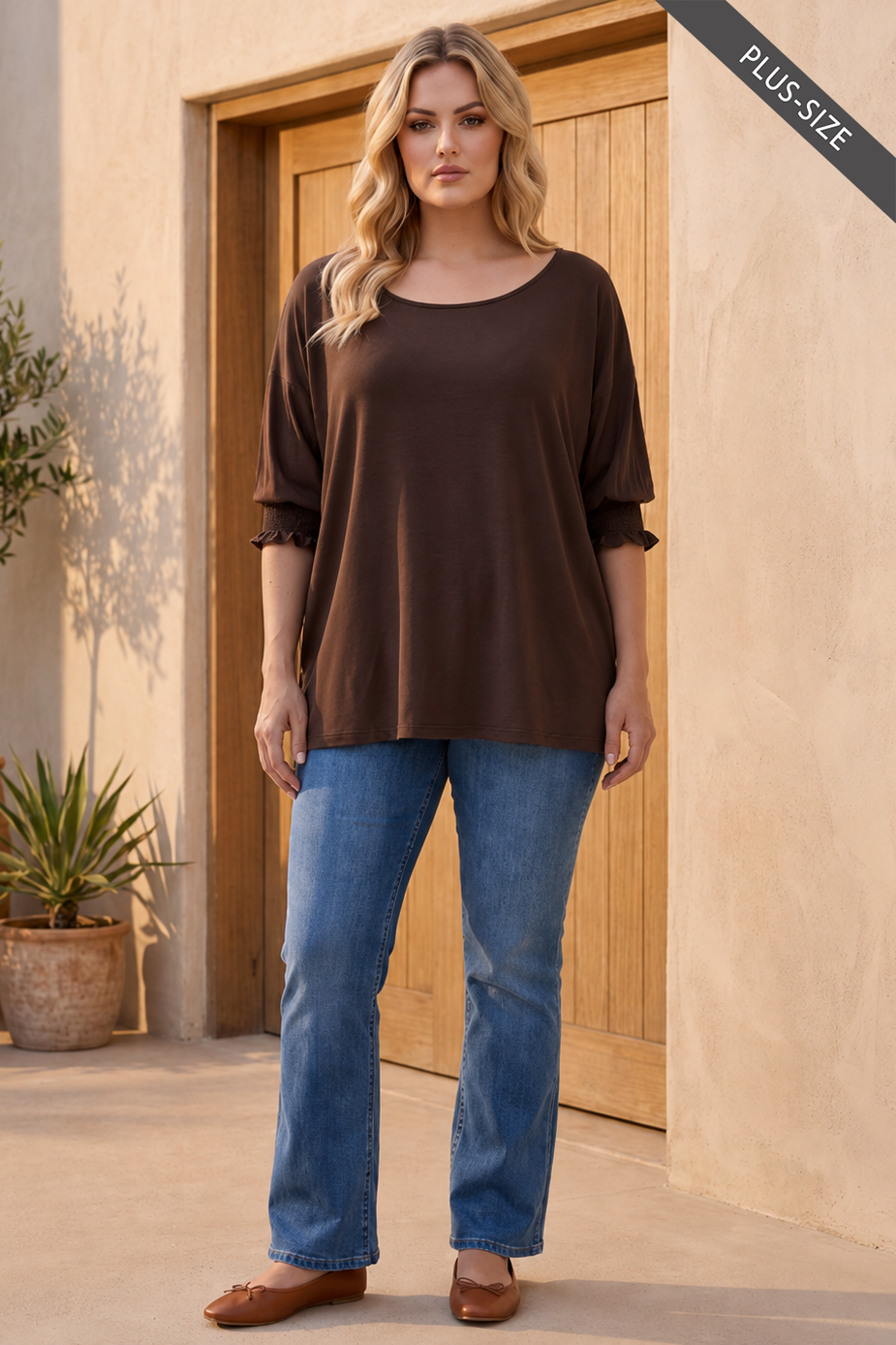 PLUS SIZE Oversized Smocked 3/4 Sleeve Poncho Blouse