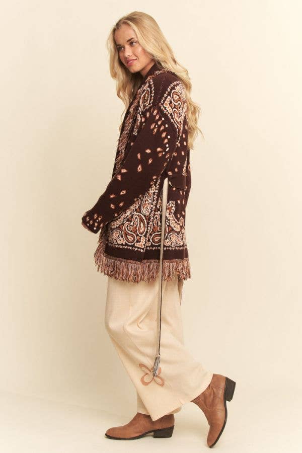Plus - Fringe Trim Jacquard Belted Cardigan