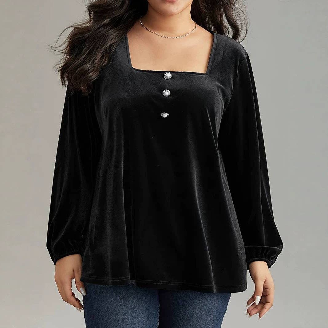 Velvet Top Square Neck Lantern Sleeves Slim Fit